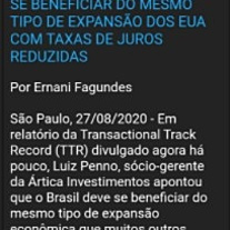 rtica/Penno: Brasil deve se beneficiar do mesmo tipo de expanso dos EUA com taxas de juros reduzidas